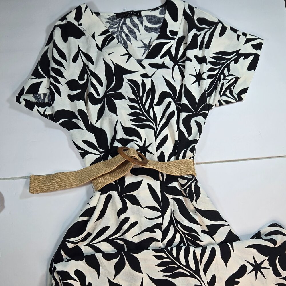 Fred David Black & White Tropical Print Belted Midi Dress - Picture 14 of 15